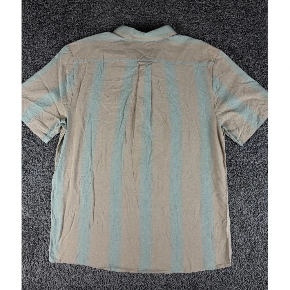 Volcom Flaxston Mens XL Short Sleeve Button Up Shirt Tan Blue Striped A0422402